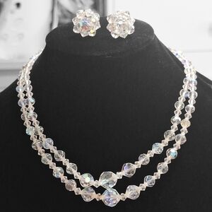 Vintage AB Crystal Double Strand Necklace 16" And Clip-on Earrings Set Unsigned